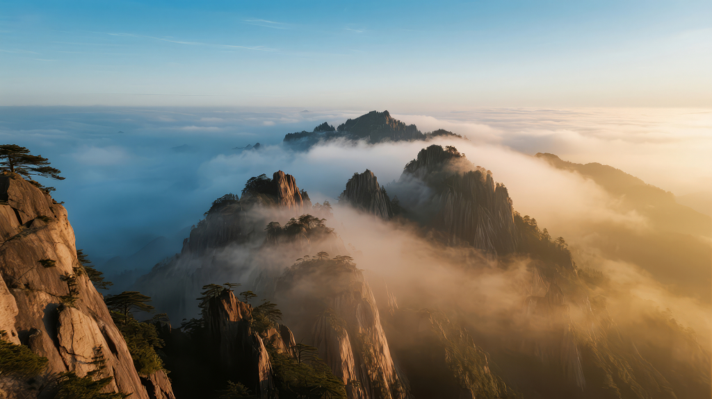 云海缭绕的山峰日出史诗感背景