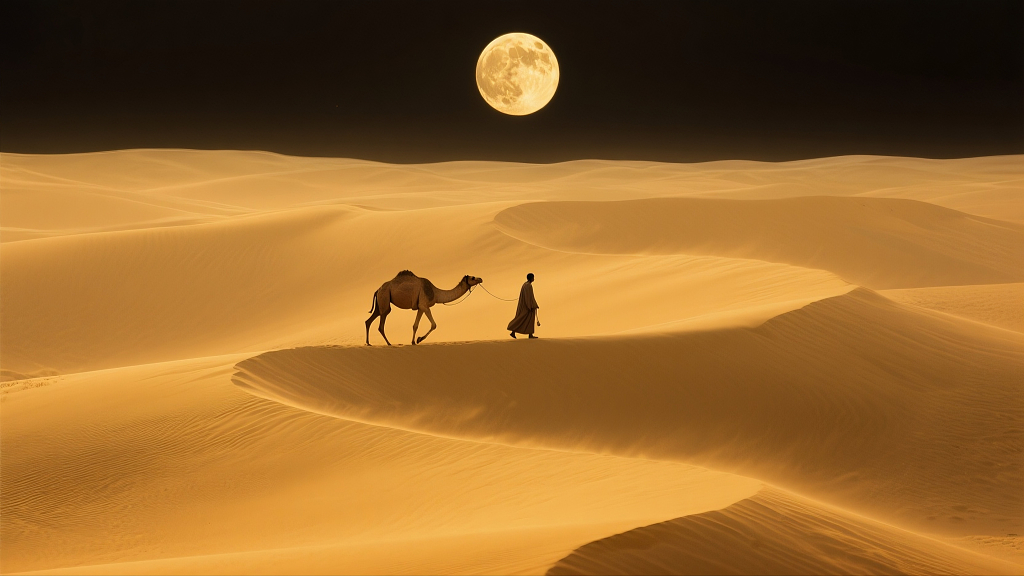 沙漠里月光下骆驼和人