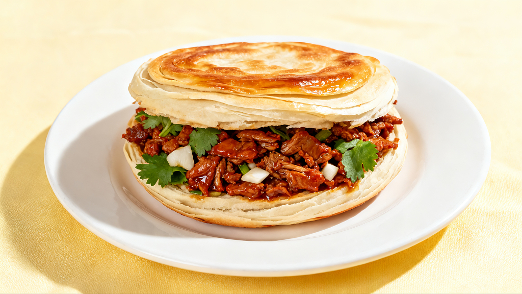 一个盘子里放着一个美味的肉夹馍