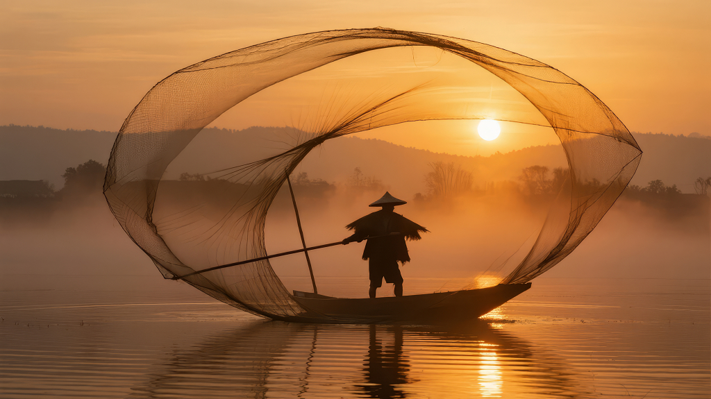 国风渔夫日出撒网唯美意境背景