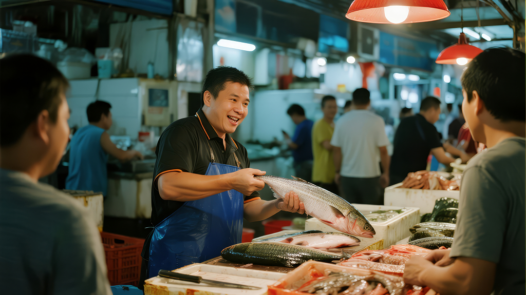 海鲜市场鱼贩热情销售的烟火气背景