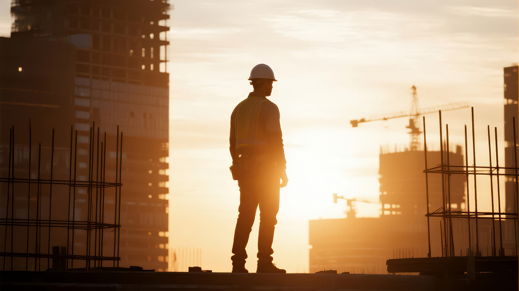建筑工人的逆光剪影与城市建设背景