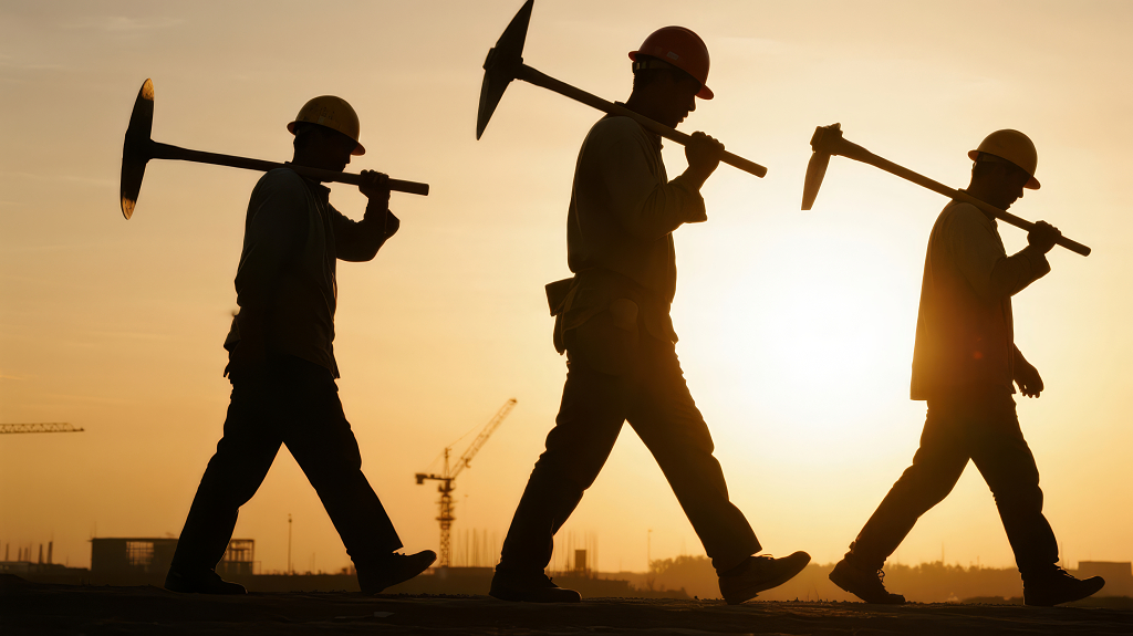 建筑工人收工的逆光剪影与奋斗背景