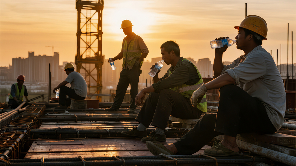 建筑工日落休息的奋斗剪影背景
