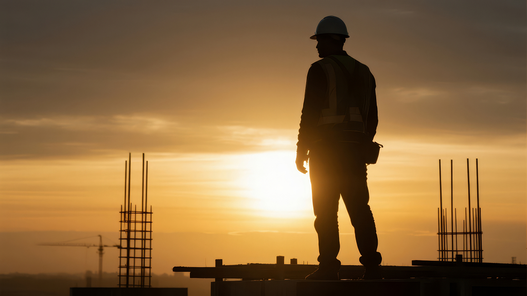 建筑工日落奋斗的孤独剪影背景