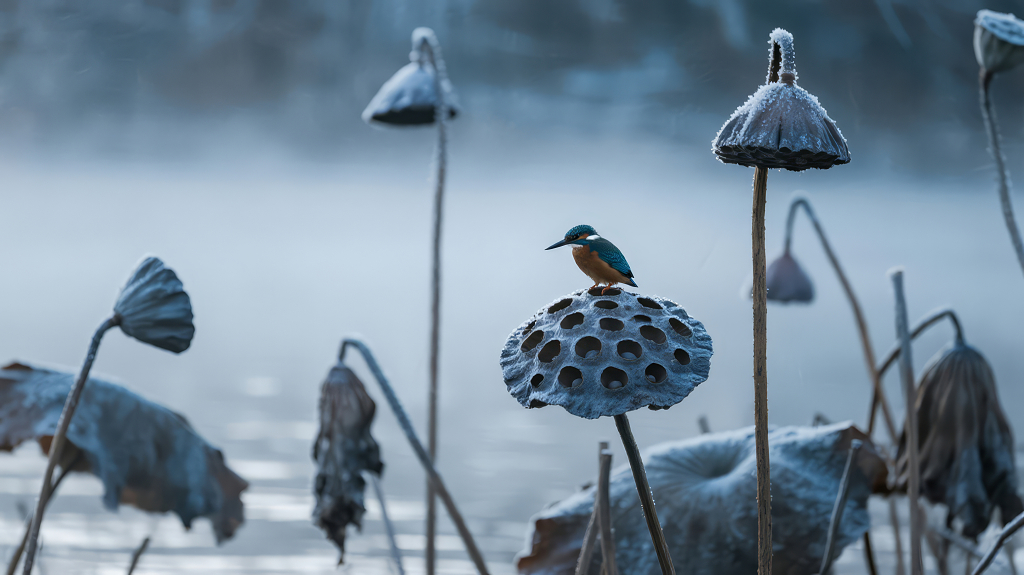 冬日残荷翠鸟的禅意水墨画背景