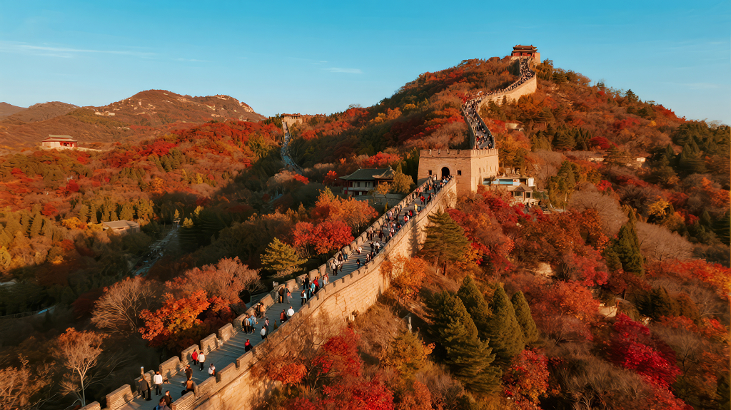 国庆节长城秋景的壮丽航拍背景