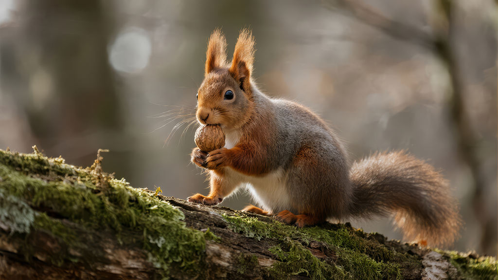森林里抱着坚果的小松鼠可爱背景