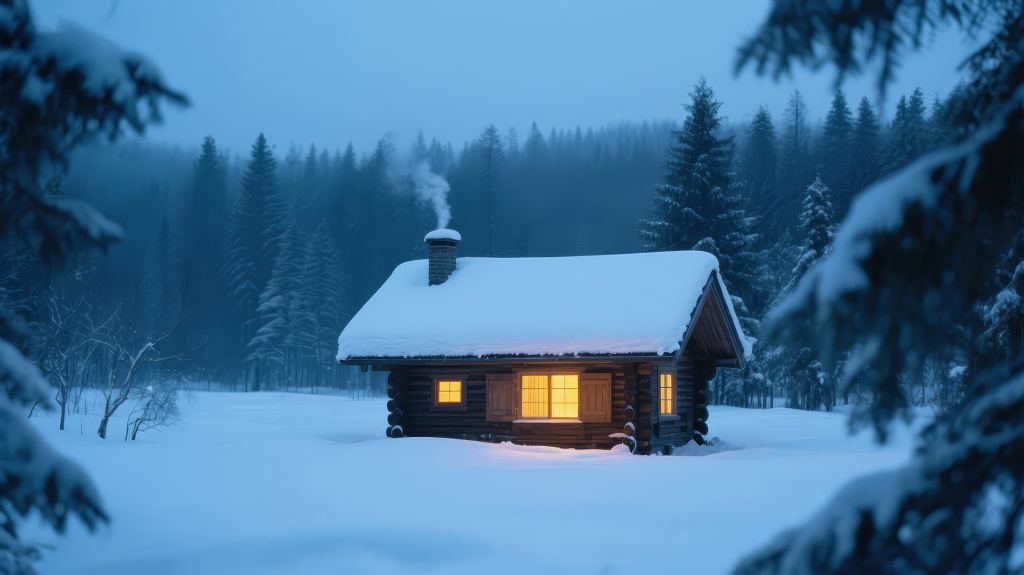 圣诞节雪夜木屋的温馨童话背景