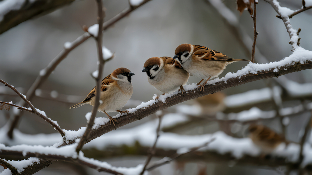 冬季麻雀雪中枝头依偎取暖治愈背景