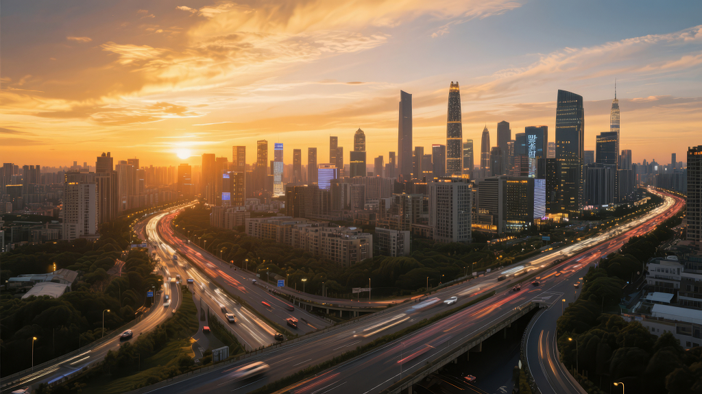 城市黄昏航拍的繁华交通发展背景