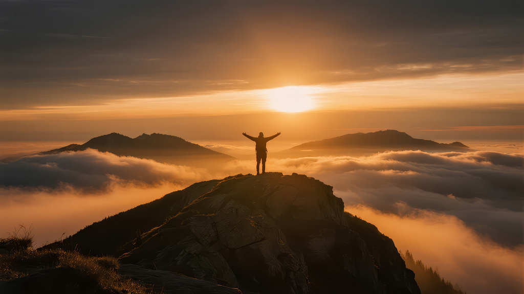 登山者山顶拥抱云海成功励志背景