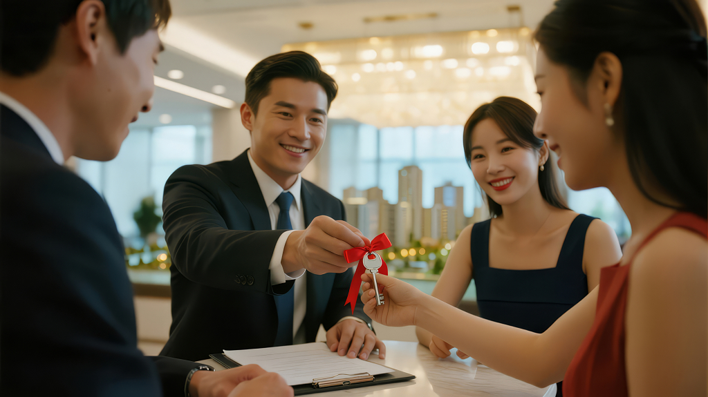 置业安家情侣签约新房的幸福喜悦背景