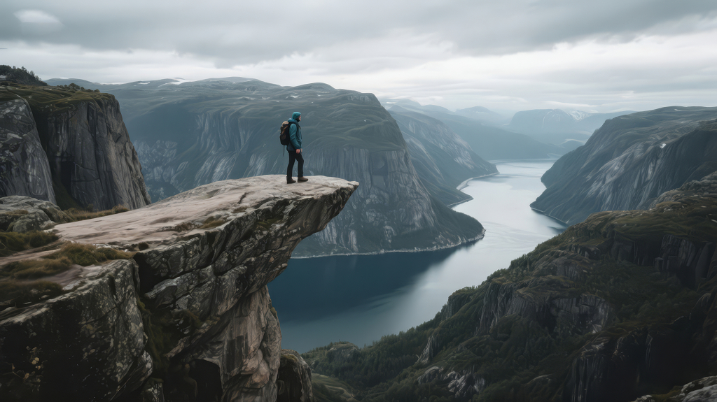 徒步者悬崖之巅俯瞰峡湾励志背景