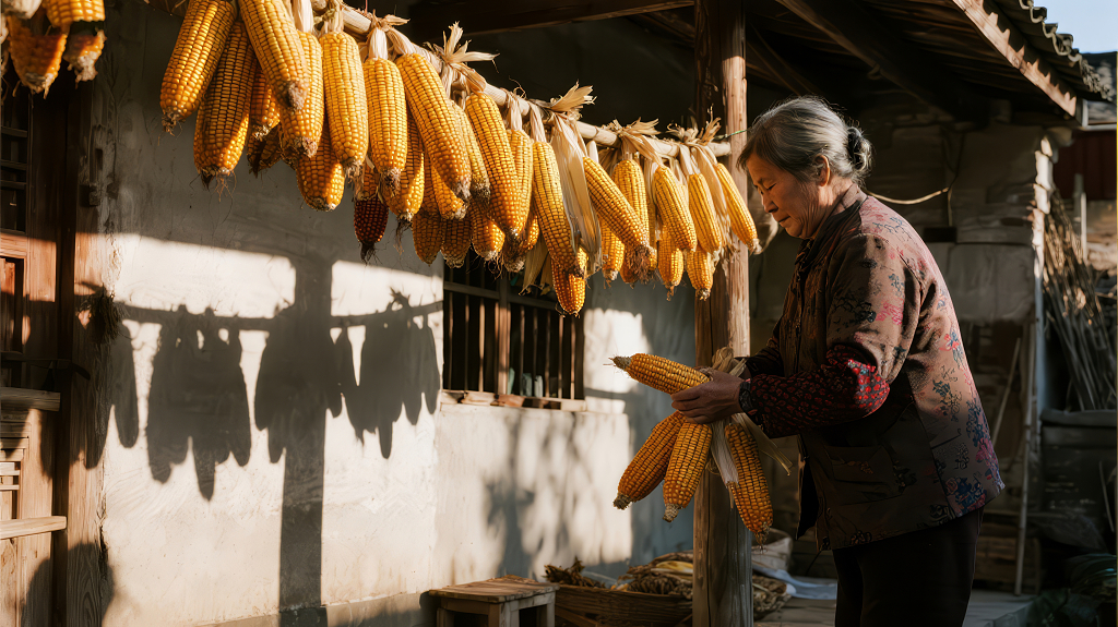 秋收农家老人晾晒玉米的丰收喜悦背景