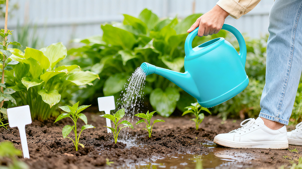 户外园艺活动场景亮蓝色的塑料洒水壶菜园花园浇花种植手部特写