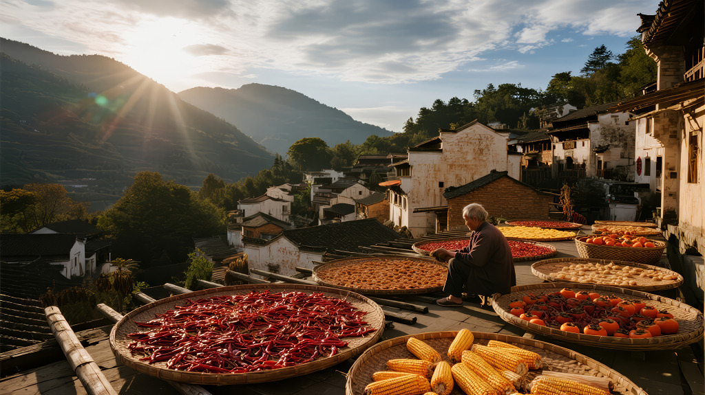 秋分老人古村晒秋的丰收田园风光
