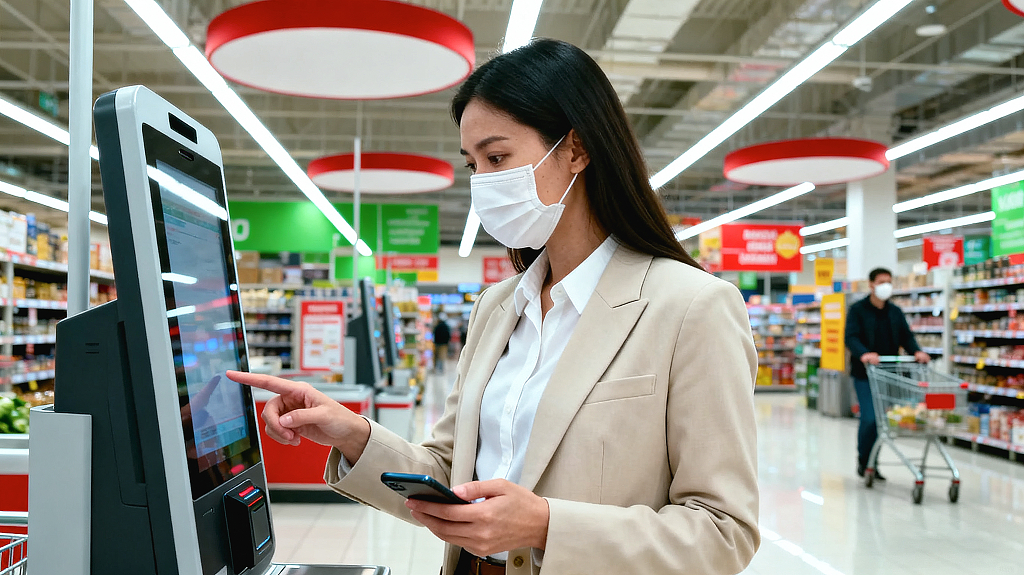 超市购物场景女士戴口罩操作自助结账机手持手机进行结账流程
