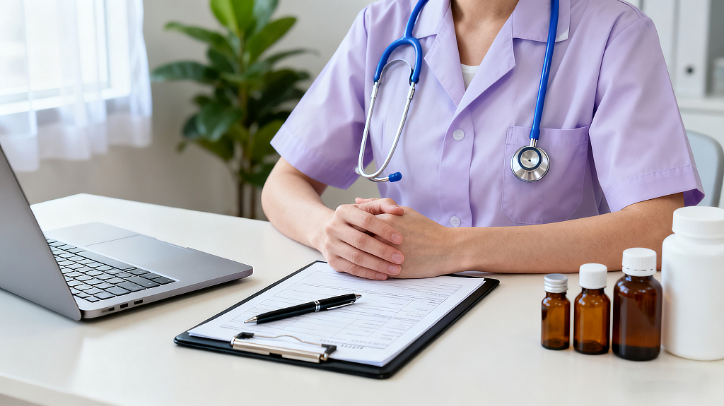 诊疗场景洽谈穿医护服医护人员坐在桌前笔记本电脑病历夹和药品