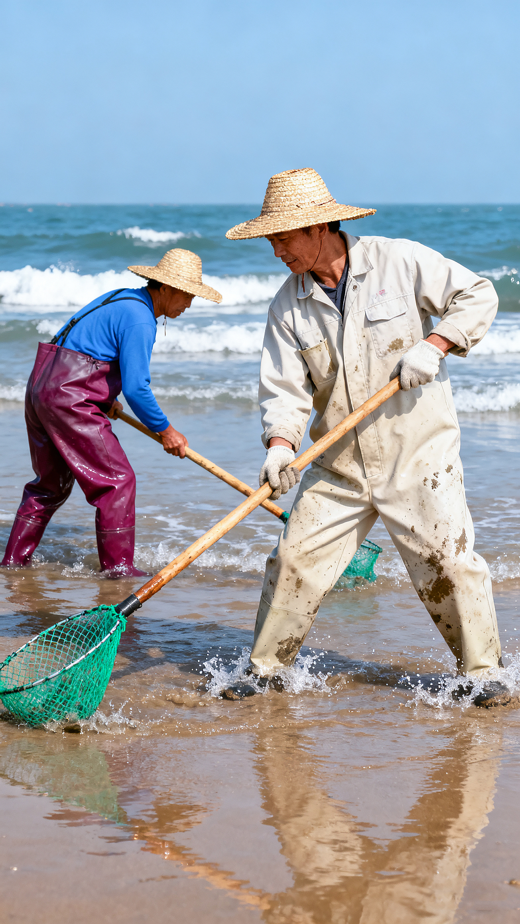 海边渔民戴草帽穿工装持网具在浅滩捕捞