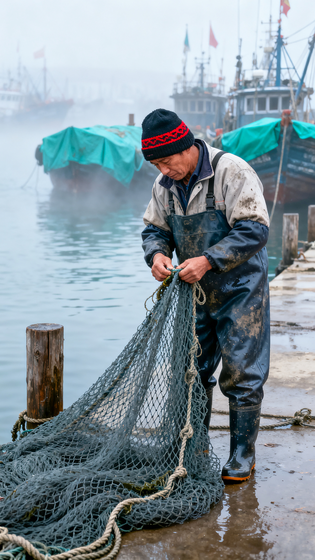 渔港渔民戴针织帽穿防水裤在码头修补渔网针织帽防水裤码头渔业