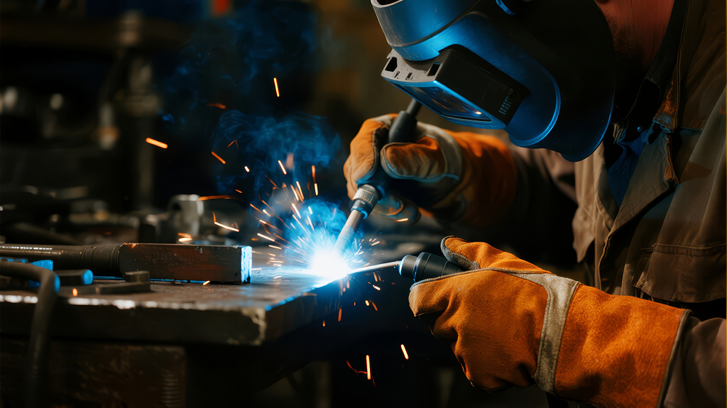 工业制造电焊工专注工作特写图