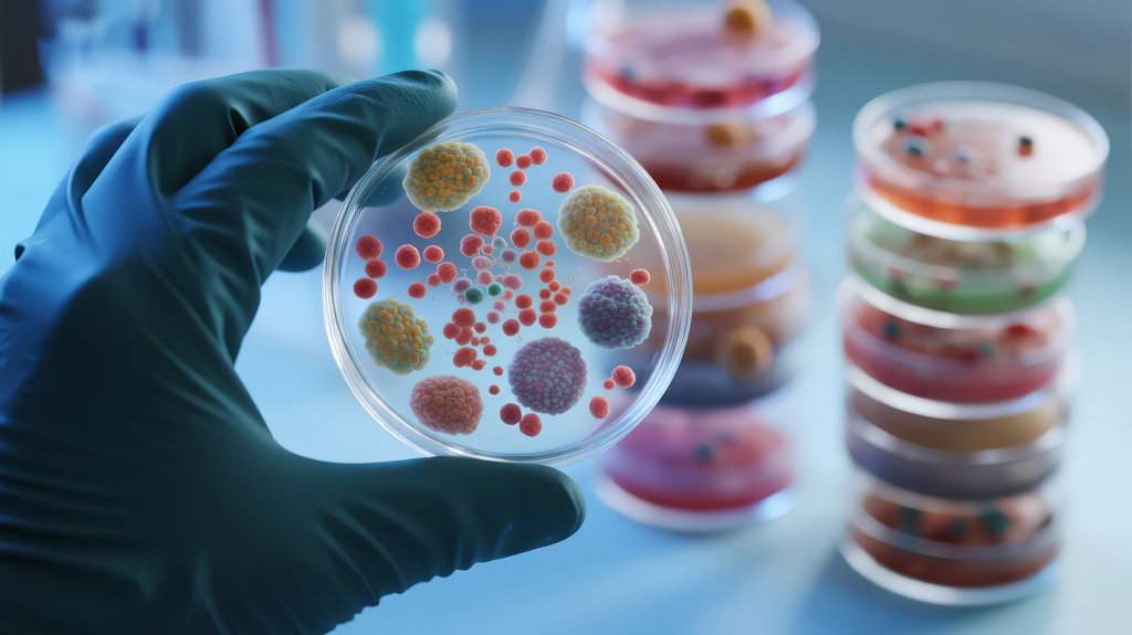 科研人员手持细菌培养皿专注研究图