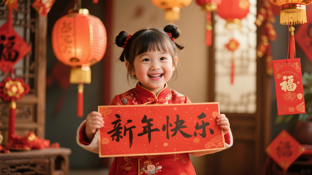 春节可爱女孩拜年送祝福喜庆场景图
