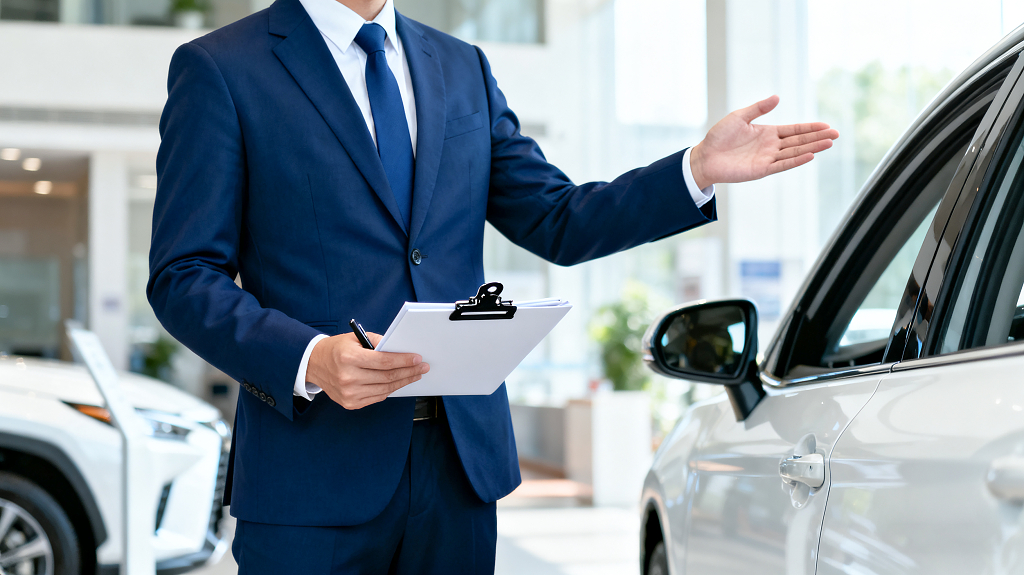 汽车导购场景4S店内身着西装男士手持文件板向顾客介绍车辆专业