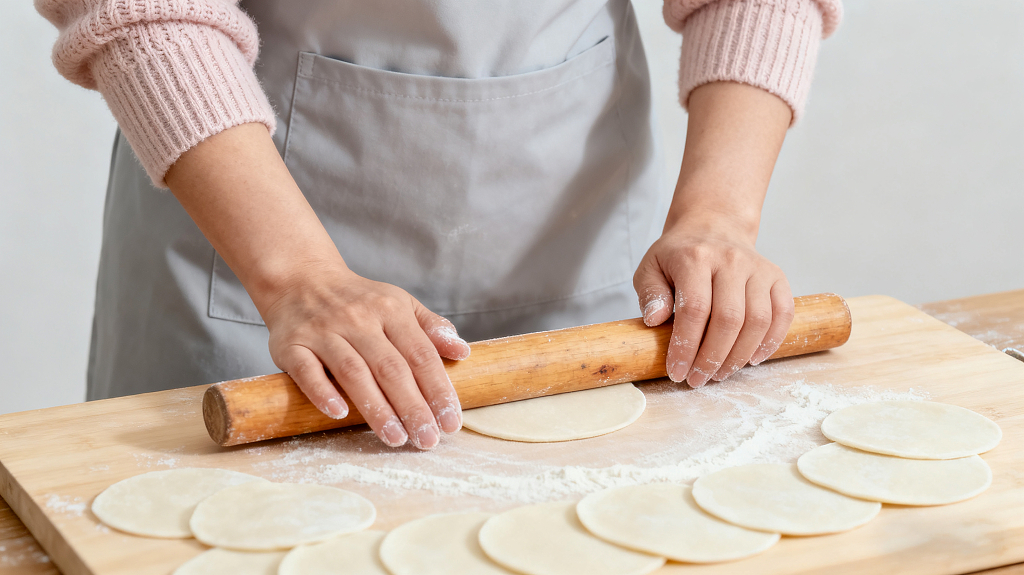 家庭厨房烹饪细节女士身着围裙用擀面杖擀制饺皮手工包饺子准备