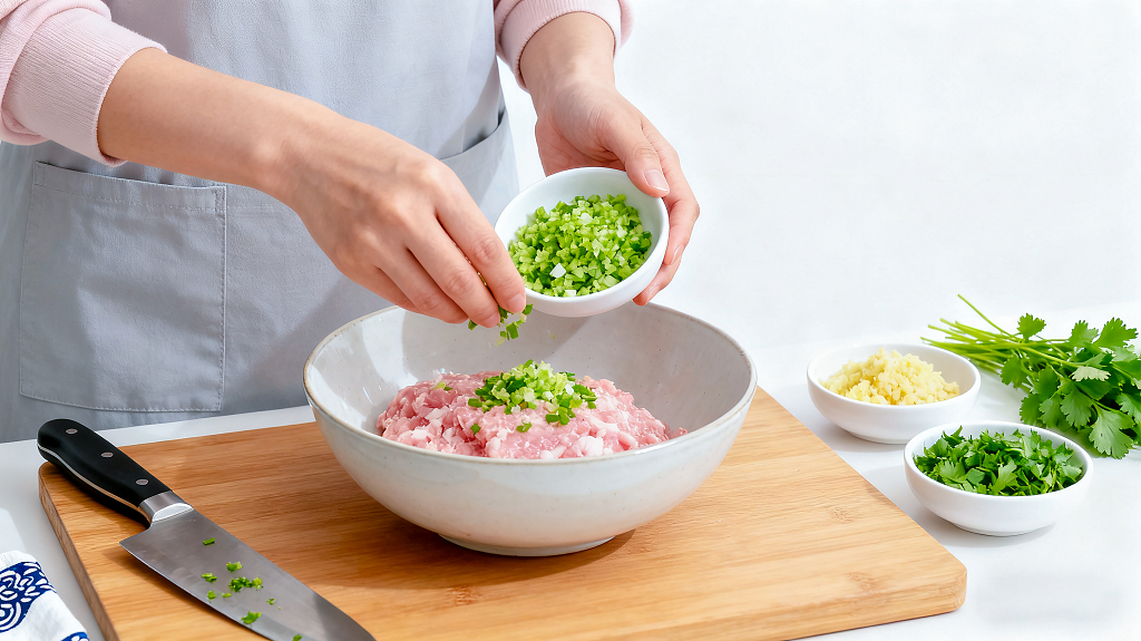 身着灰色围裙的人在烹饪时向肉馅中添加芹菜末旁有蒜末香菜等食材