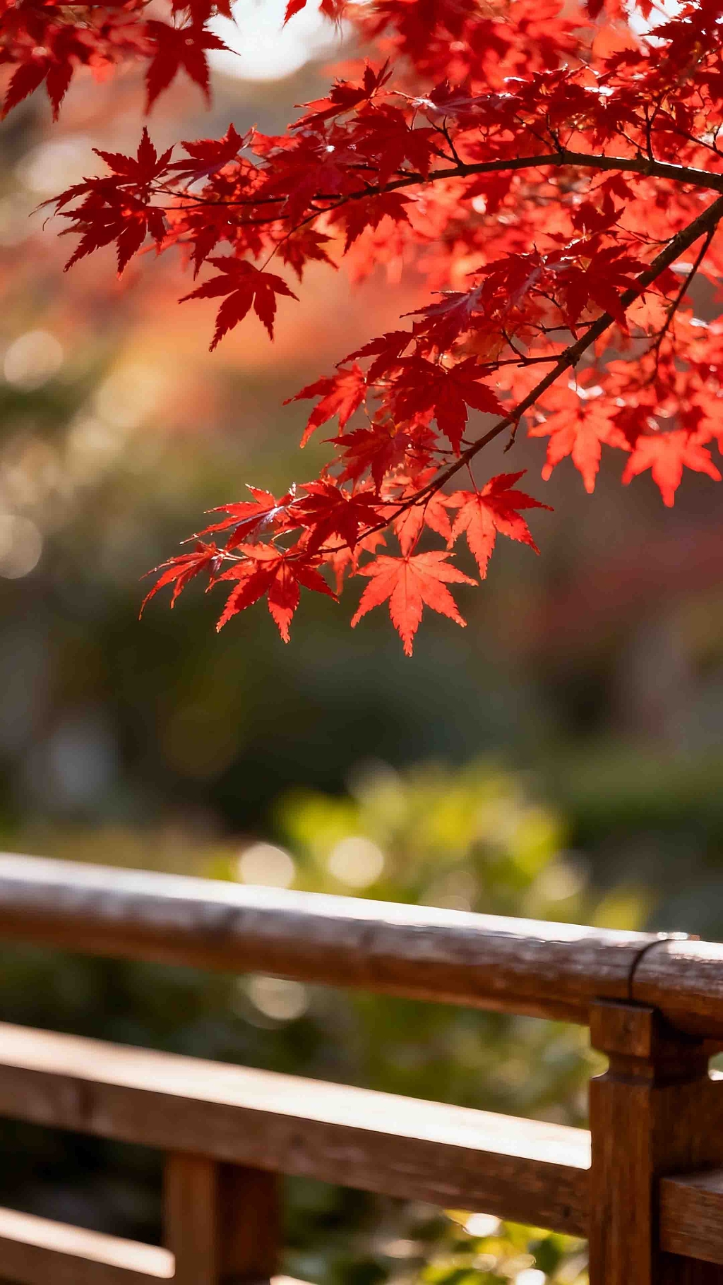红叶摄影枫树木质栏杆治愈系背景