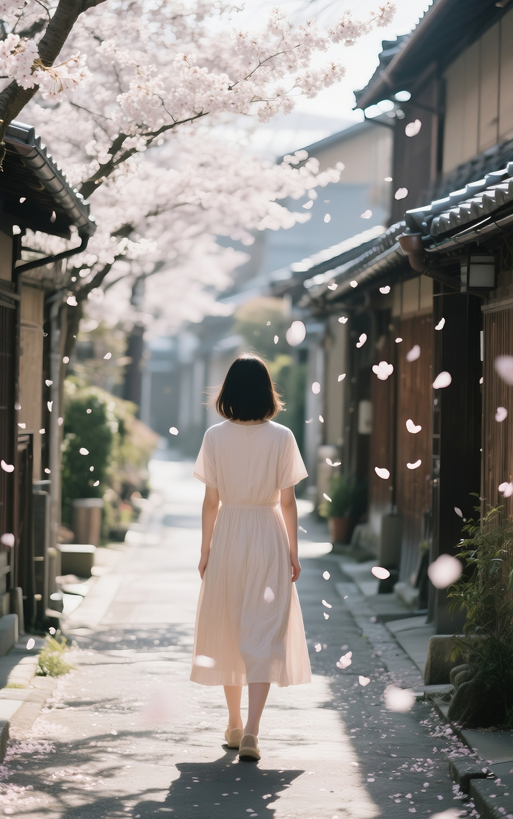 日式樱花小巷女孩唯美背影