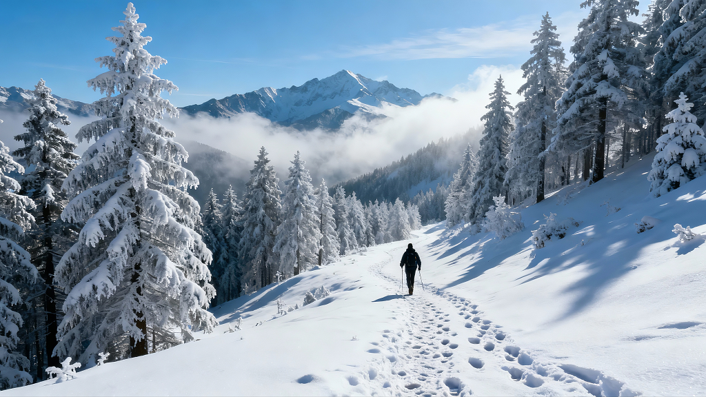 阿尔卑斯山雪林徒步者