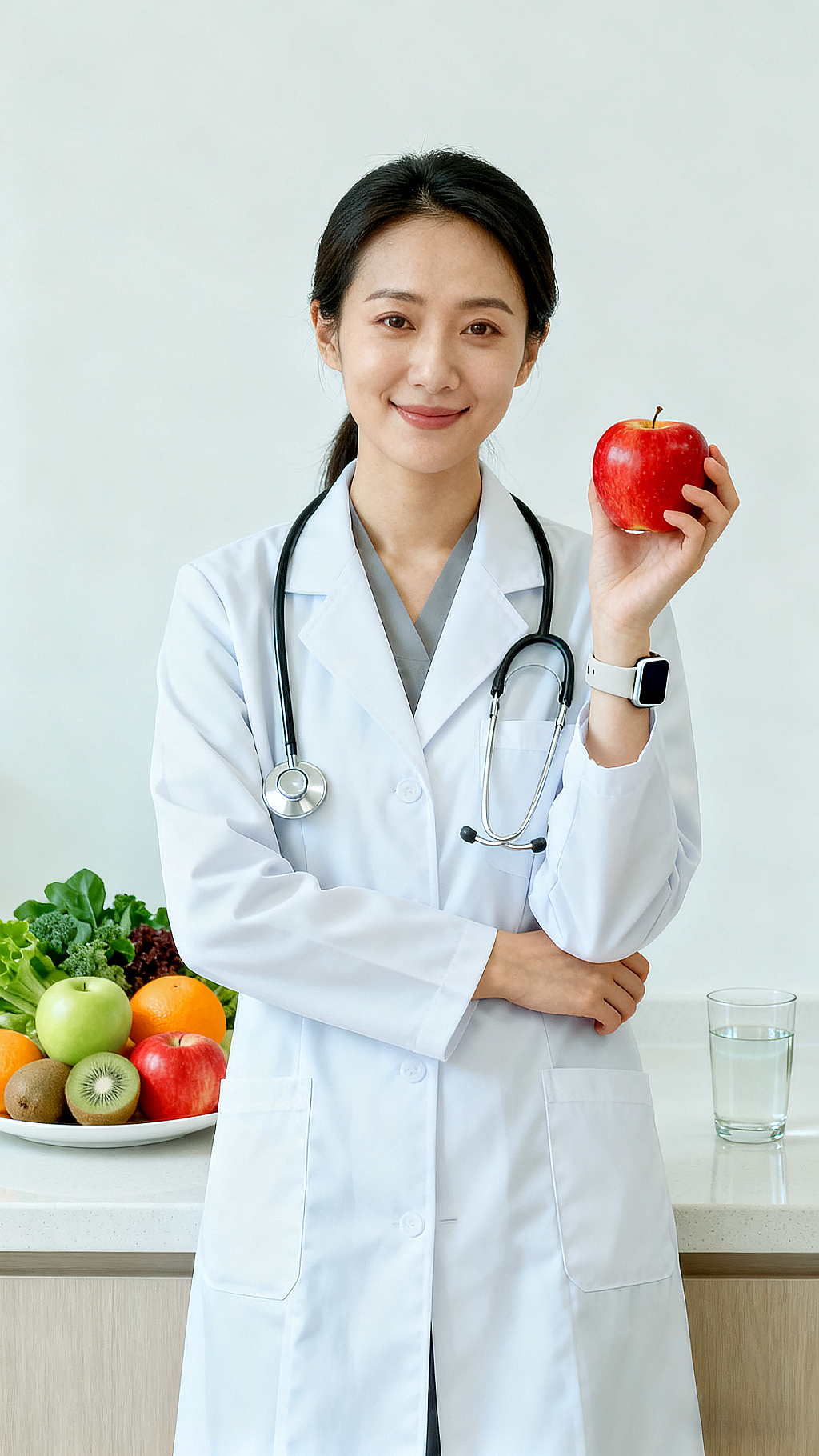 营养师身着白大褂持红苹果身旁摆放健康果蔬传递健康饮食专业形象