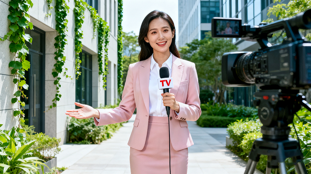 女记者身着粉色西装持话筒户外新闻报道摄像机记录专业采访场景