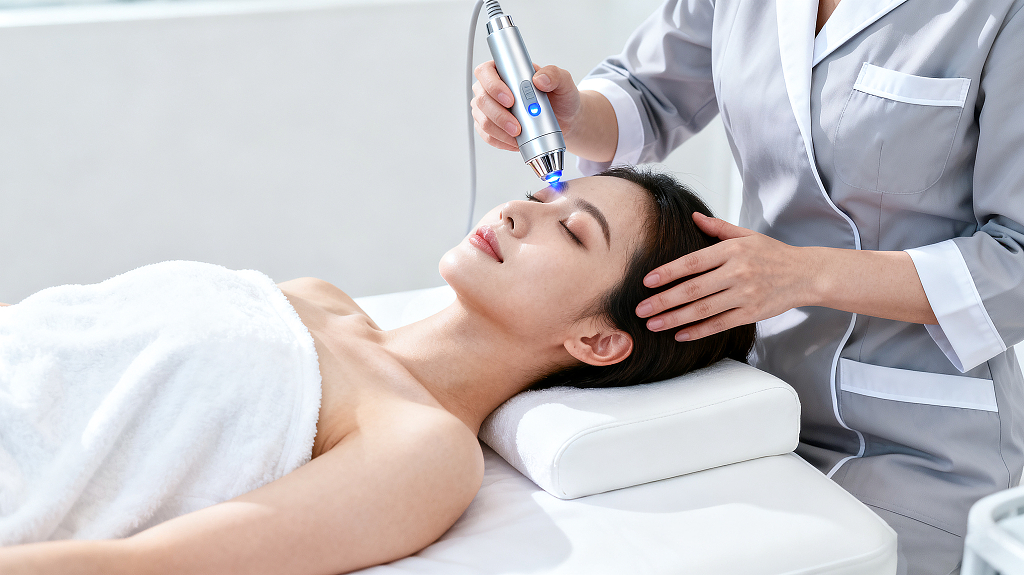 美容师操作专业仪器为顾客进行面部护理顾客躺卧享受医美服务场景