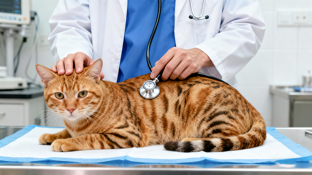 宠物医疗行业的兽医身着白大褂用听诊器为橘猫做健康检查