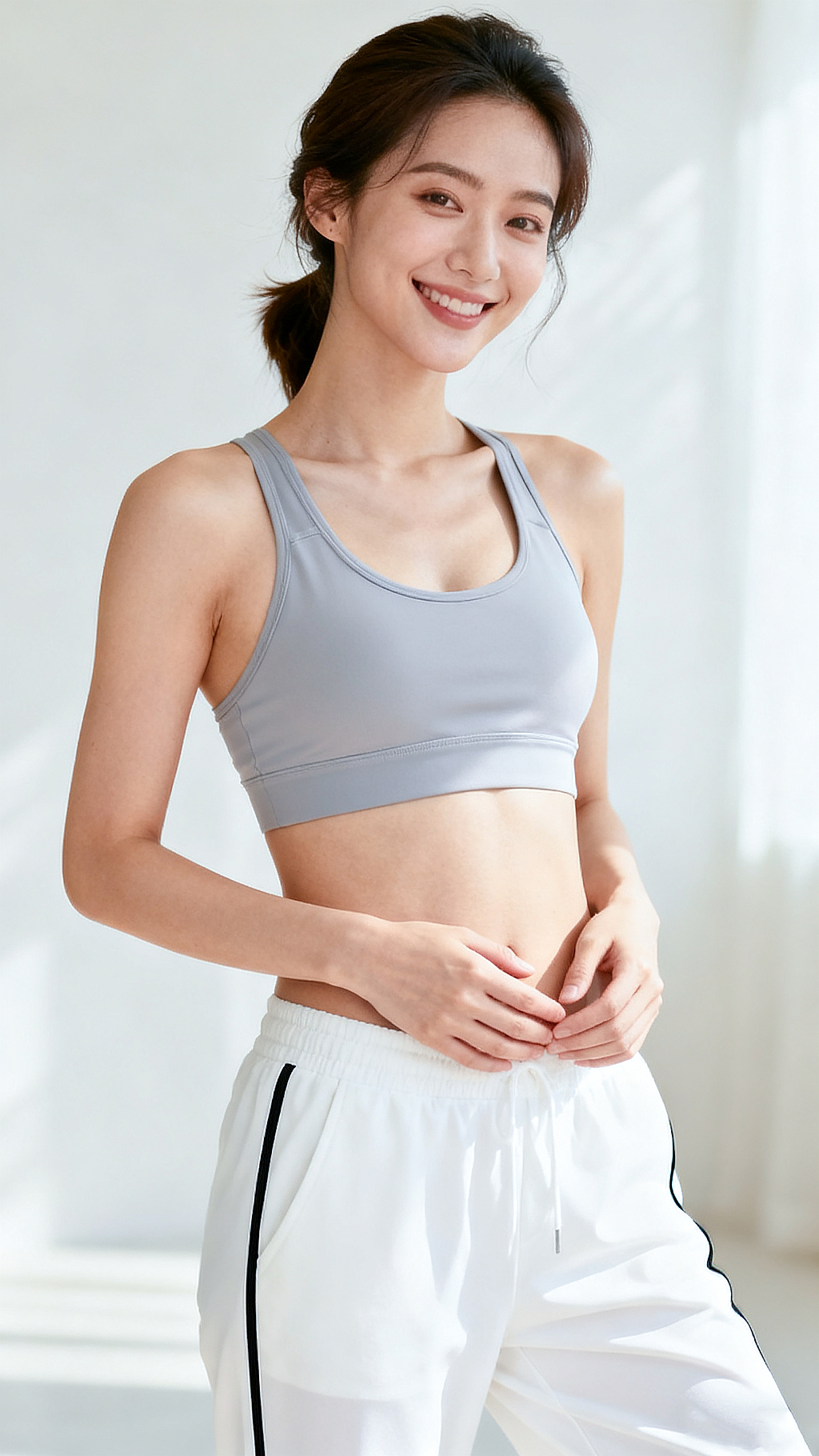 健身运动服饰行业的女性模特穿着灰色运动内衣和白色运动裤活力