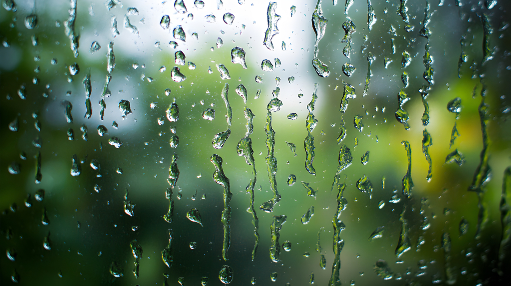 玻璃上的雨滴与绿色背景