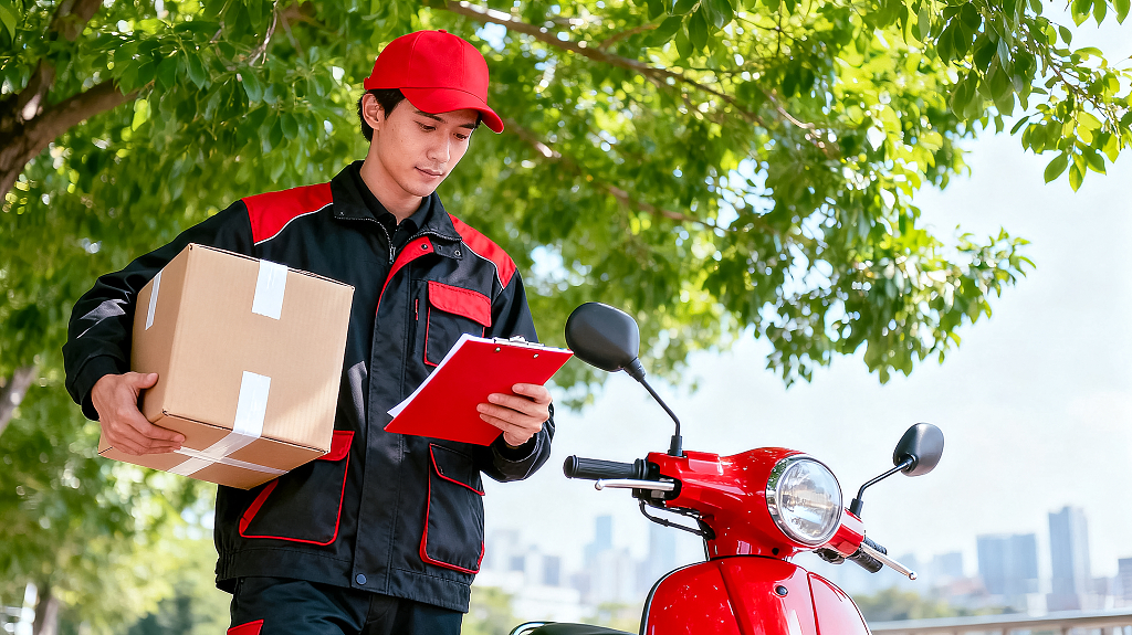 物流服务户外派送配送员手持包裹与单据在电动车旁查看派送信息