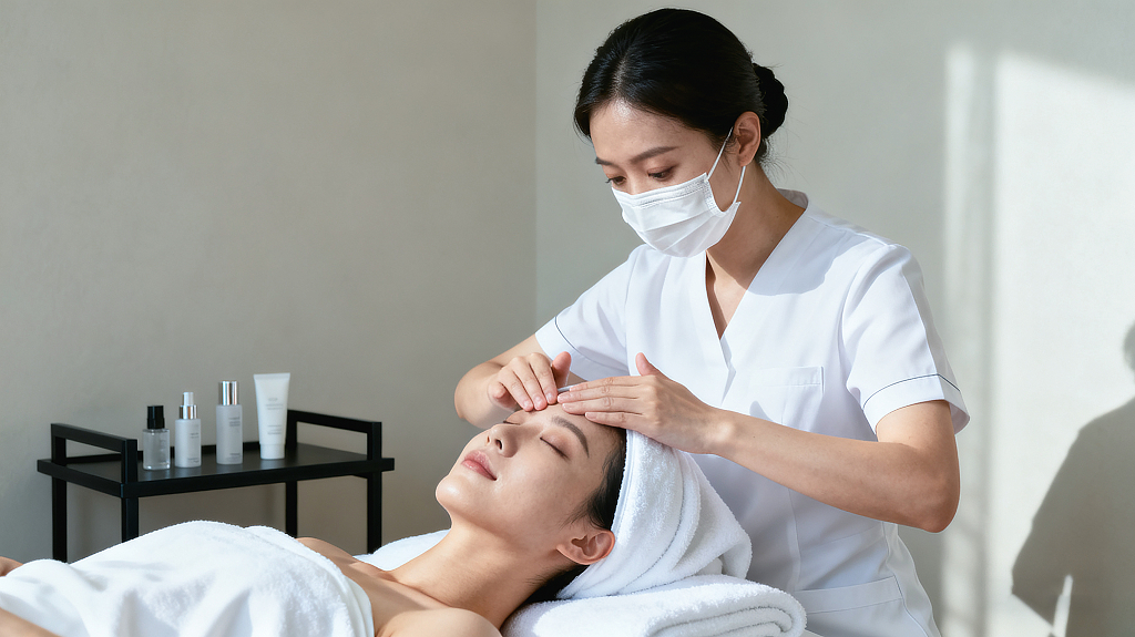 美容院美容服务面部按摩美容师戴口罩为顾客做面部按摩护理