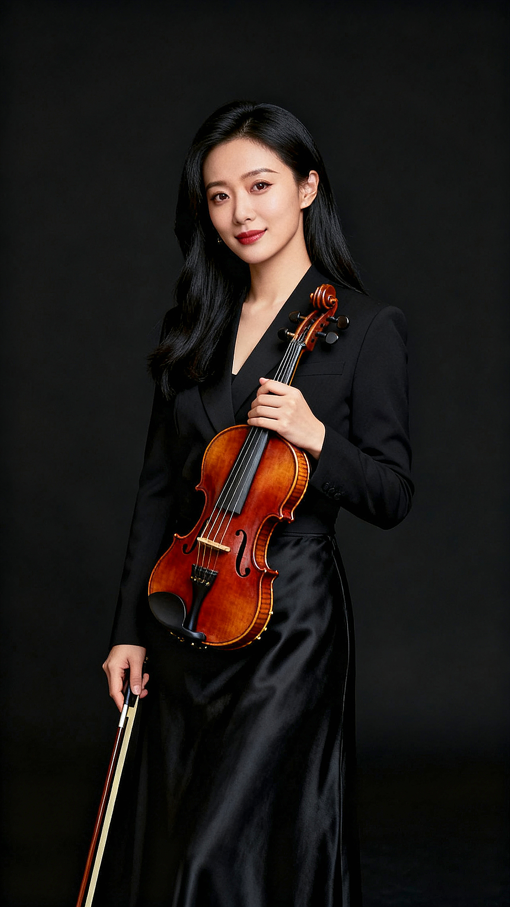 人像摄影音乐演奏女小提琴家身着黑色礼服手持小提琴与琴弓摆拍