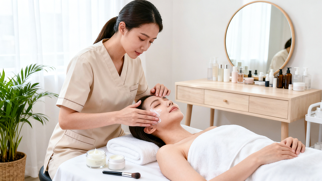 面部护理美容院护肤流程美容师穿米色制服为顾客涂抹面部护肤品