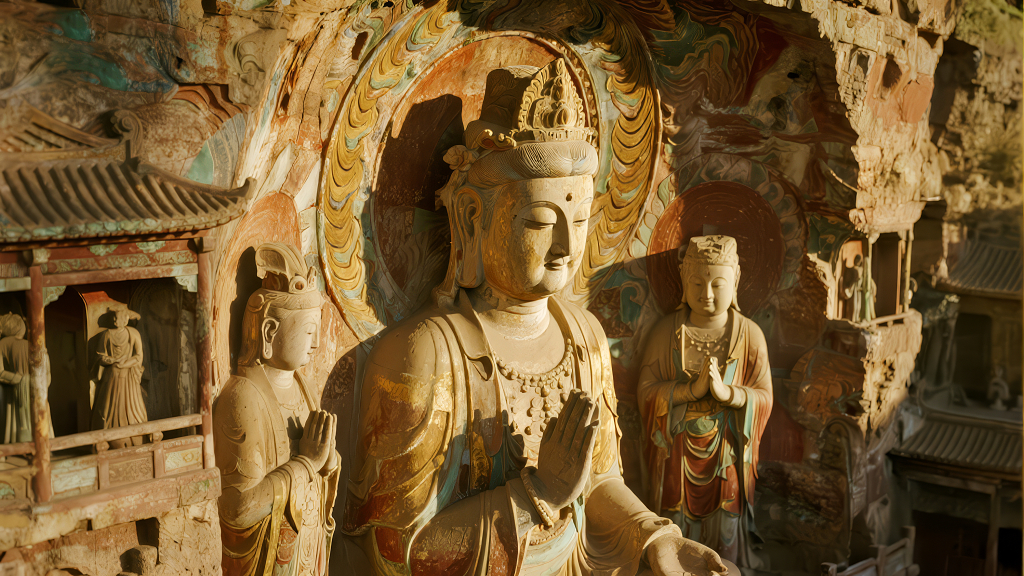 文化遗产石窟佛像庄严禅意背景图