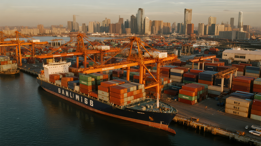 商业集装箱码头全球贸易航拍背景图