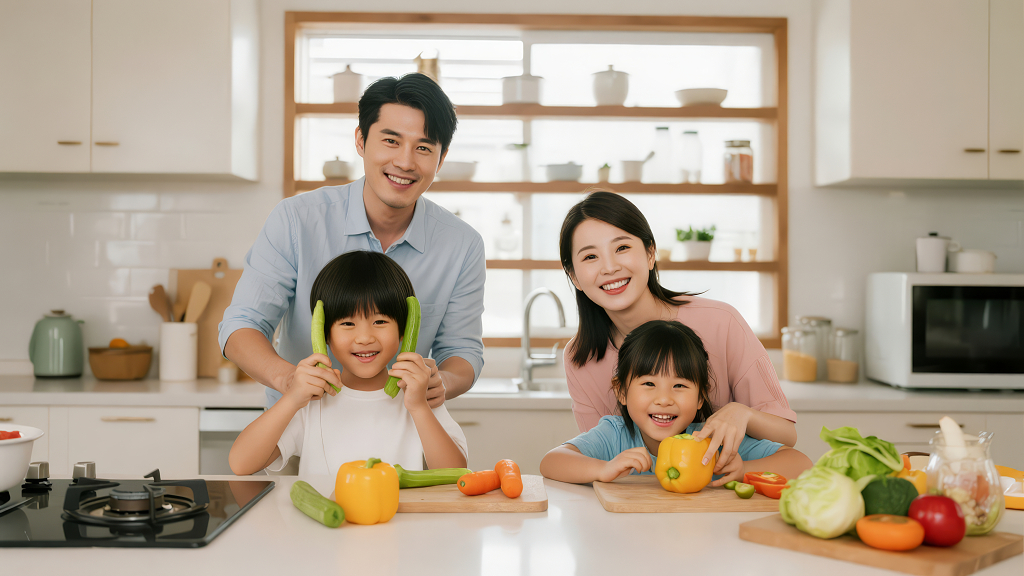 幸福一家四口在厨房里快乐烹饪场景