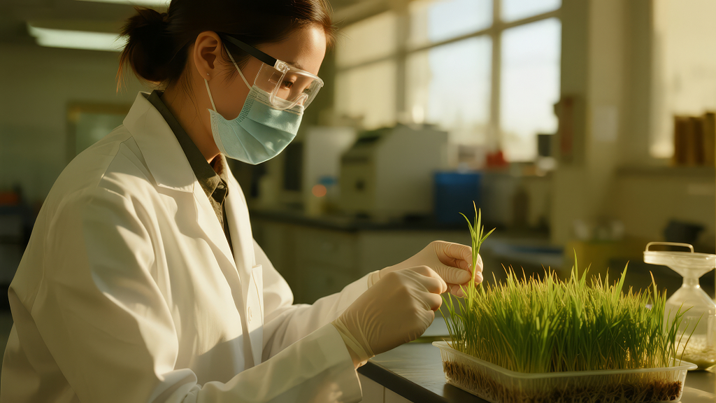 农业科学家专注研究水稻幼苗场景