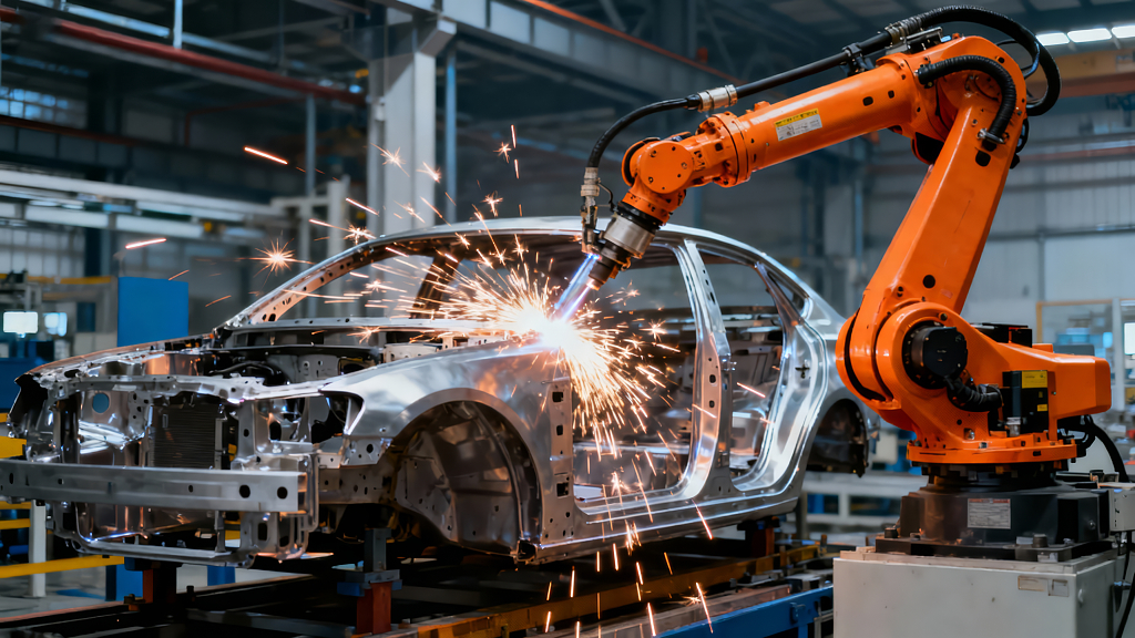 自动化生产线机械臂焊接汽车背景图