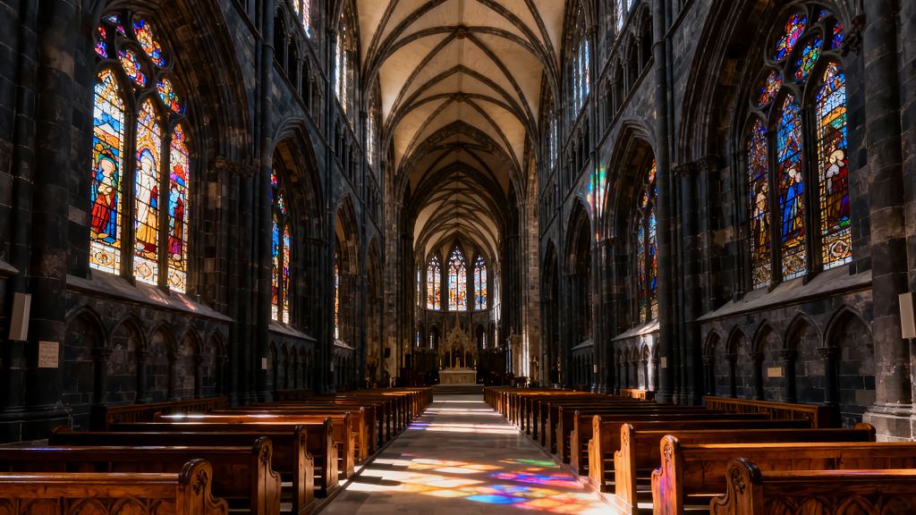 教堂彩色玻璃窗光影神圣静谧背景